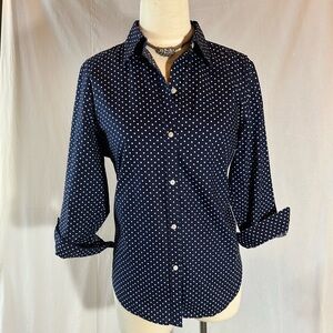 Ralph Lauren Navy Polka Dot Pin Dot Non-Iron Button Up LG Shirt Top Office Wear